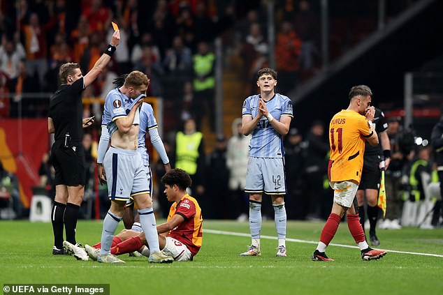 But his night ended in heartbreak after referee Lawrence Visser gave him his marching orders after brandishing a second yellow card after his late tackle on Galatasaray's Gabriel Sara