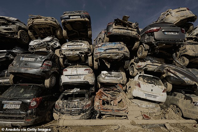 The snaps, taken at a junkyard outside the Valencian city of Paiporta, show rows and rows of still-mud-caked cars stacked on top of each other