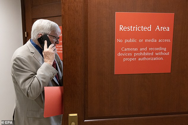 Republican congressman Glenn Grothman (above), chair of House Oversight's National Security Subcommittee, is expected to co-lead the UFO hearing Wednesday with Rep. Mace. Above, Rep. Grothman seen entering a secured room for a classified UFO briefing last year