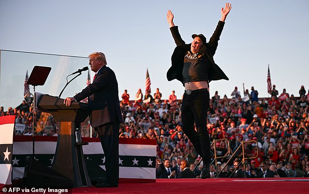 Former President Donald Trump (left) speaks at his second rally in Butler, Pennsylvania alongside Elon Musk (right), who endorsed the Republican after he survived the Butler shooting in July