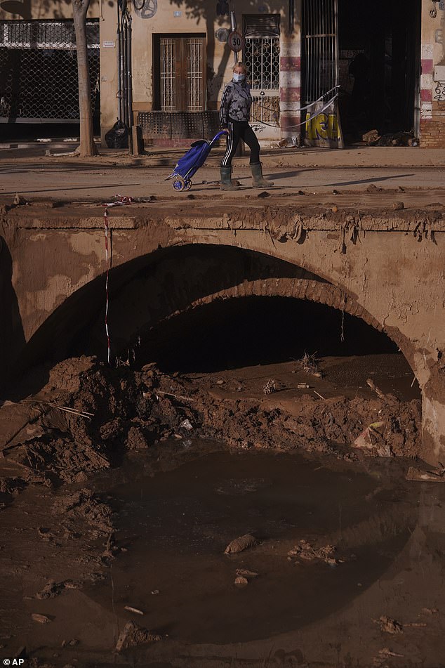 A man pulls a shopping trolley across a bridge after floods in Catarroja that left hundreds dead or missing in the Valencia region in Spain, Tuesday, Nov. 12, 2024