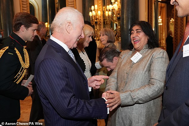 Charles appeared in high spirits, sharing a laugh with Gurinder during the reception on Wednesday