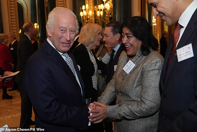 The King is Patron of the Film and TV Charity, succeeding Queen Elizabeth II , who had held the patronage since 1952. Pictured greeting Gurinder Chadha