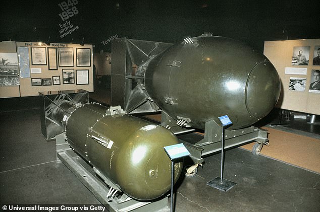 Replicas of the first Atomic bombs, Little Boy, left, was the first nuclear weapon used in warfare, over Hiroshima, Japan, on the morning of August 6, 1945. Fat Man, right, was used on Nagasaki, Japan, on August 9, 1945