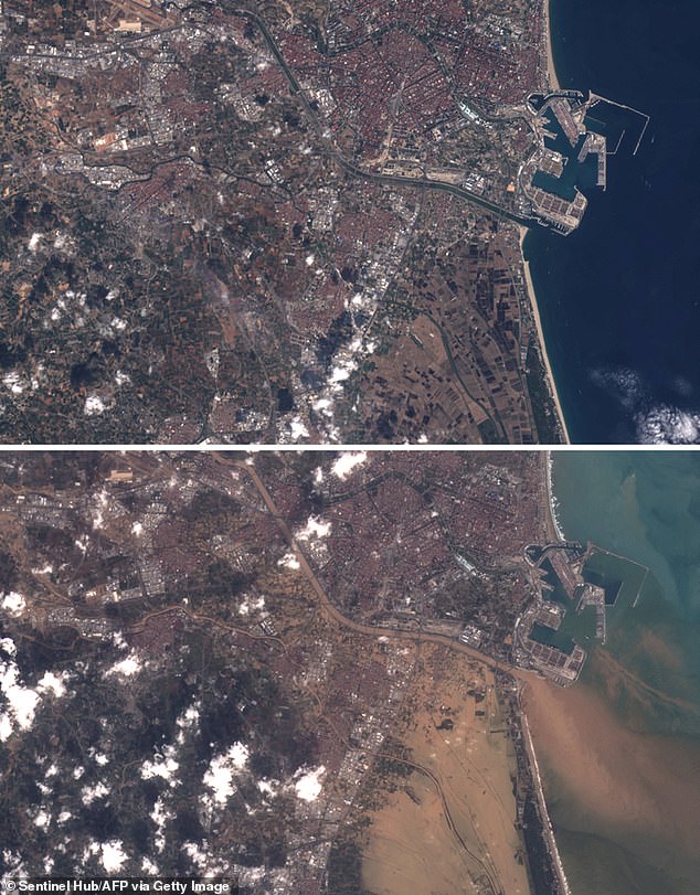 A before and after satellite image shows the flooding in the city of Valencia on October 31