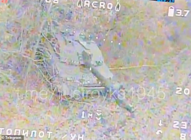 Footage shared by the Troika milblogging Telegram channel showed how an FPV drone swooped down on the British armour seen protruding from some bushes