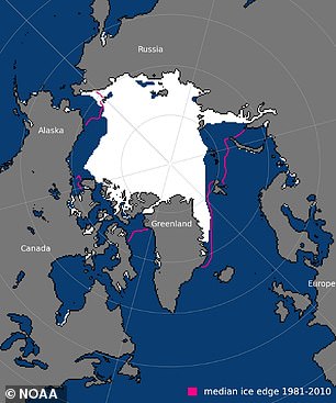 Pictured, Arctic sea ice extent in October 2024 in white. The average ice extent for 1981-2010 is indicated by a pink line. Note that this is a much larger area - signifying ongoing long-term decline