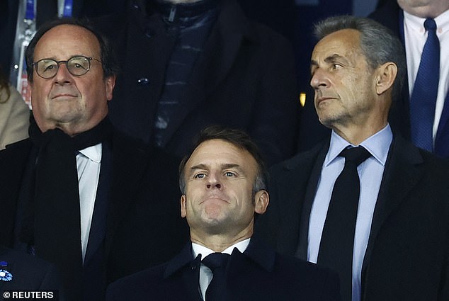 Former President's of France Francois Hollande and Nicolas Sarkozy and French President Emmanuel Macron in the stands for Thursday's game