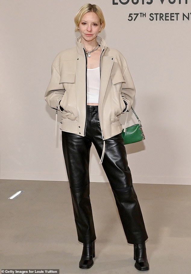 Annabelle Dexter-Jones showed off her edgy side in a pair of loose-fitting, black leather pants and plain white top