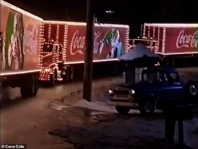 Coca-Cola's much-loved 'Holidays are Coming' advert shows the soft drink giant's red delivery trucks emblazoned with lights making festive deliveries through a snowy landscape. Pictured, a shot from the 1995 original