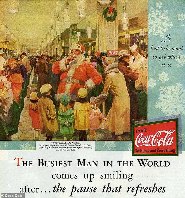 Chicago-born artist Fred Mizen painted this department-store Santa in a crowd drinking the now-famous beverage