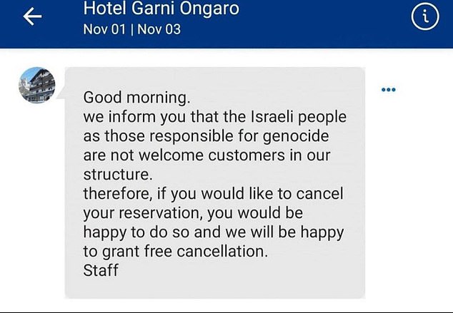 The Jewish couple, who have not been identified, leaked a screenshot of the message they received from the hotel