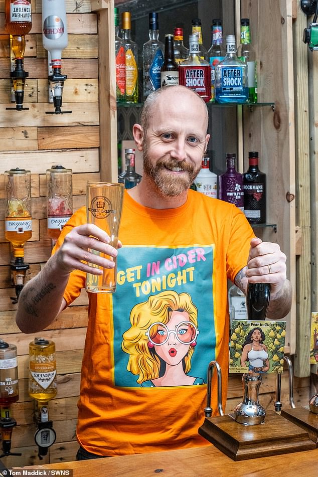 Luke pictured with his lewd 'In Cider' range which includes Berried In Cider and A Nice Pear In Cider