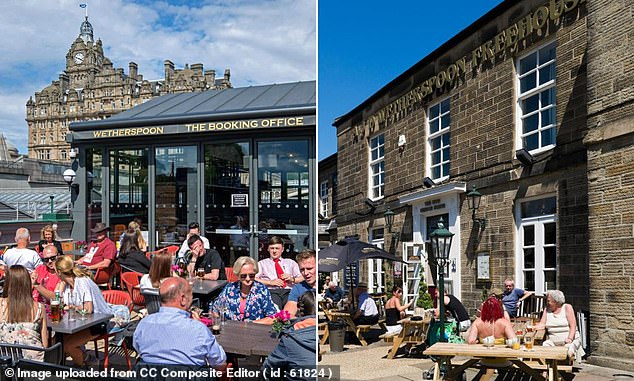 Welcoming: The Wyre Bridge House pub garden in Buxton (above right) and The Booking Office Wetherspoons in Edinburgh