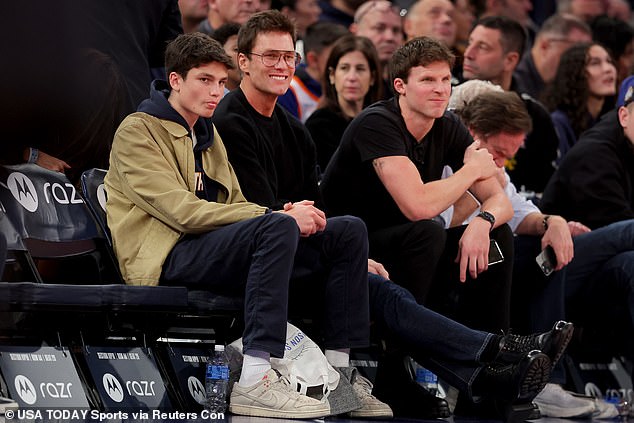 The seven-time Super Bowl winner is pictured courtside at the New York Knicks Friday night