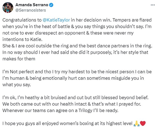 After expressing her frustration online, Serrano insisted she did not mean to disrespect her opponent