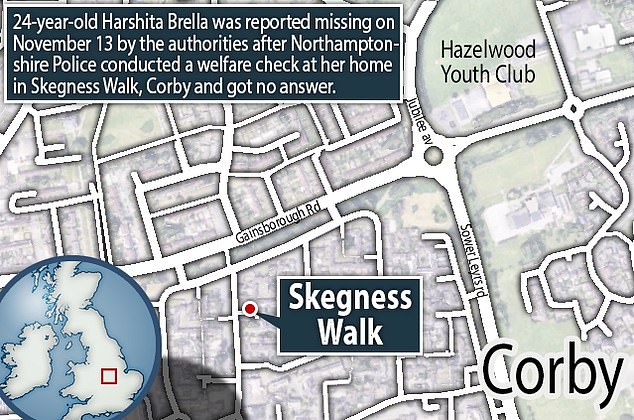 Map showing the location of Harshita Brella's home on Skegness Walk in Corby