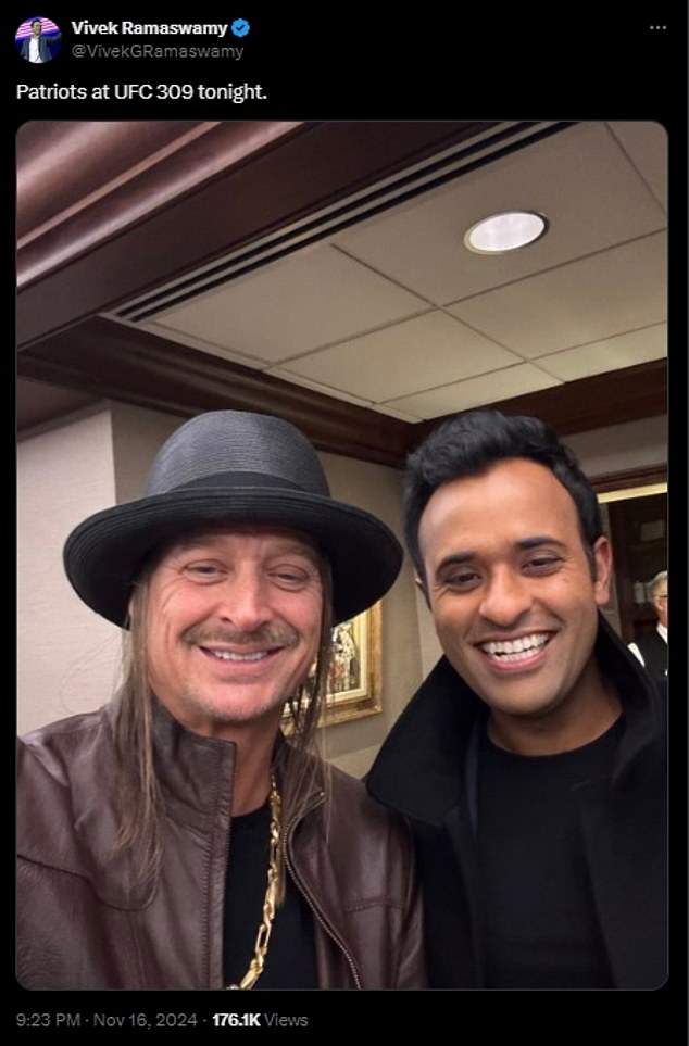 Another informal appointee, Vivek Ramaswamy , shared a photograph of himself at the event alongside fellow Trump supporter Kid Rock