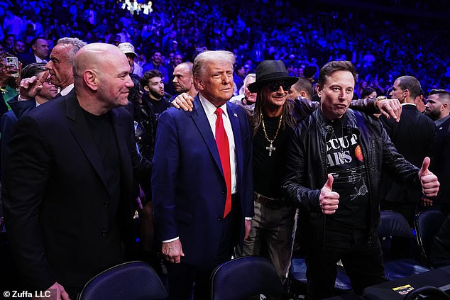 President-elect Donald Trump, Kid Rock and Elon musk pose for a photo during the UFC 309 event at Madison Square Garden