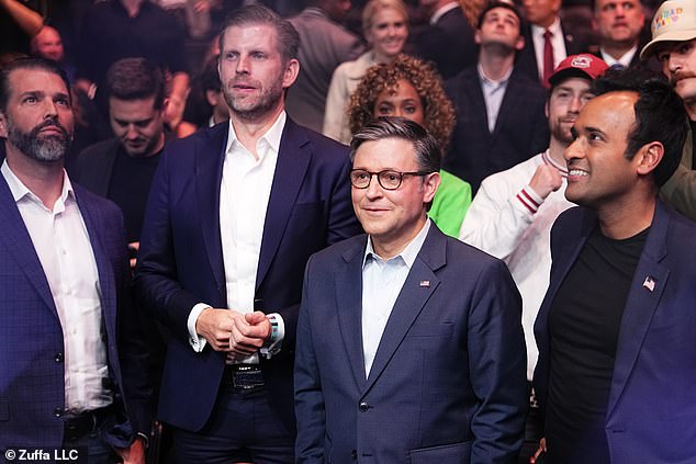 Donald Trump Jr, Eric Trump, Mike Johnson and Vivek Ramaswamy are seen at UFC 309