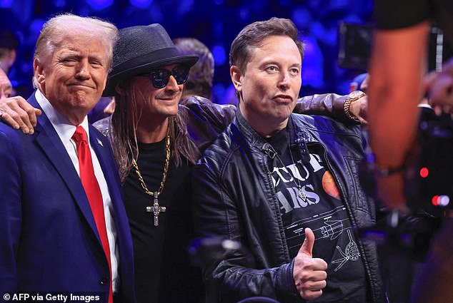 President-elect Donald Trump, Kid Rock and Elon Musk pose for a photo during the UFC 309