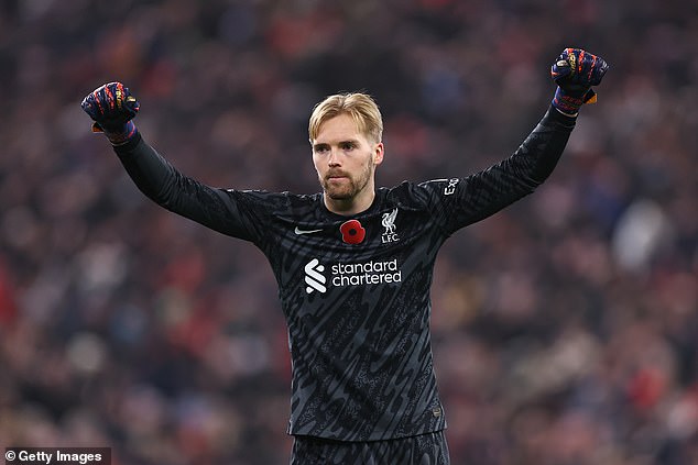 Only 16 of 220 players starting the last round of Premier League games came through the ranks at the clubs they represented (pictured: Liverpool goalkeeper Caoimhin Kelleher)