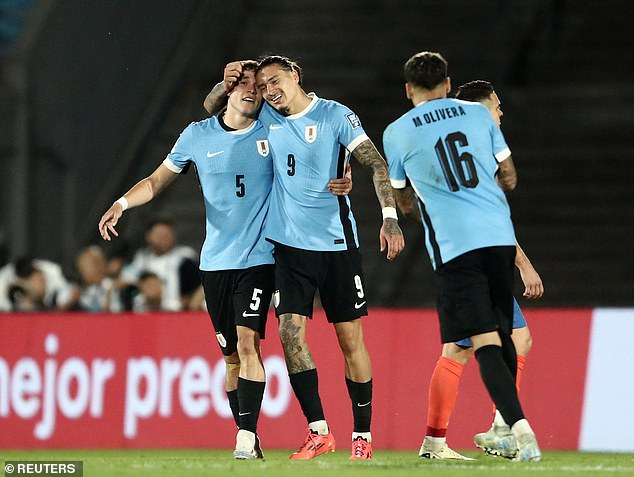 Manuel Ugarte (left) scored the winner in the 101st minute in the World Cup qualifier