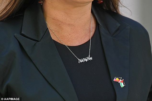 Ms Thorpe was wearing a necklace with the words 'Not My King' written on it (pictured)