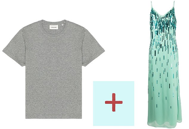 Duo Fold Tee by Frame, $98; revolve.com. Sequin-embellished V-neck gown by Amen, now $1,168; farfetch.com