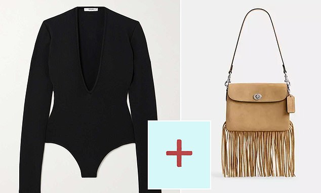 Zena ribbed-jersey bodysuit by Agolde, now $80; net-a-porter.com. 1964 Fringe Bag by Coach, $275; coach.com