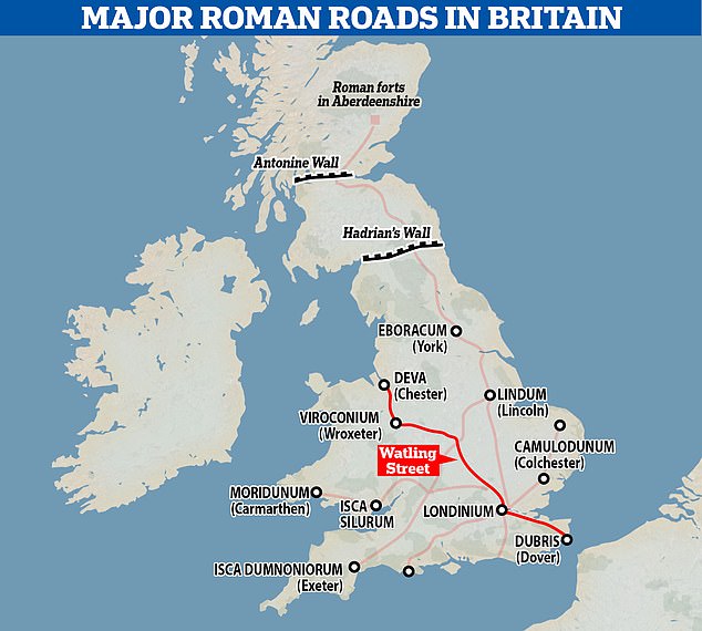 The Roman road known as Watling Street ran from Dover, through London and up to the Roman city of Viroconium (now Wroxeter near Shrewsbury) to the fort of Deva (now Chester)