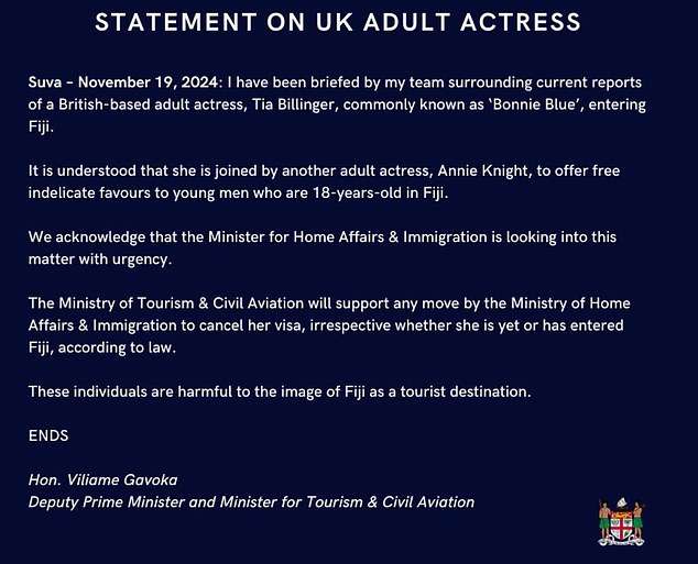 A statement was released by Fiji's Minister for Tourism and Civil Aviation on Tuesday