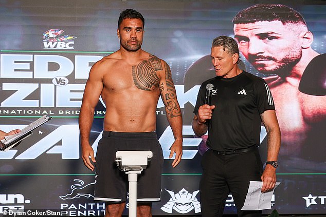 The former NRL star is up against All Blacks great Liam Messam (pictured left with Aussie boxing legend Danny Green) whose record as a professional stands at 7-0