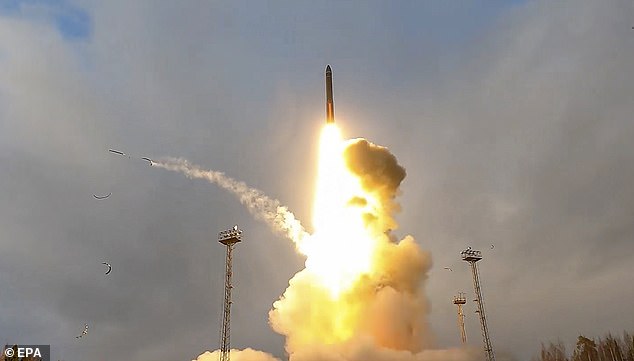 A Yars intercontinental ballistic missile is launched as part of nuclear deterrence forces drills from the Plesetsk Cosmodrome, in Arkhangelsk Oblast, northwestern Russia, 29 October 2024