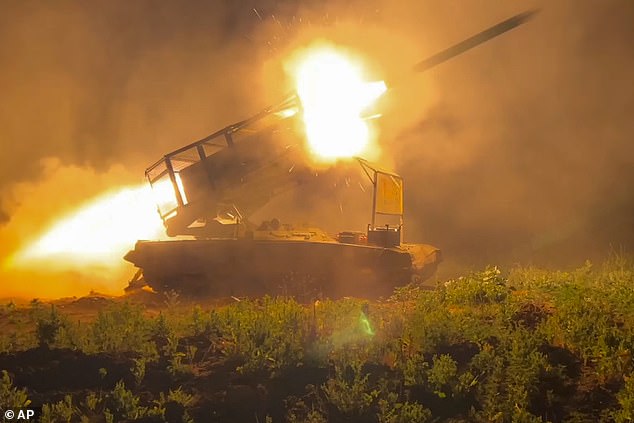 Russian army's multiple rocket launcher Solntsepyok fires towards Ukrainian positions in the border area of Kursk region last week