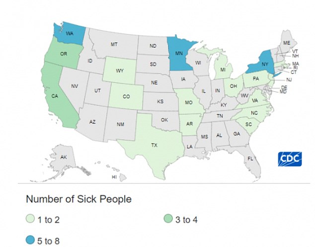 The above map shows where people have been sickened by the E.coli-ridden carrots. New York, Washington and Minnesota are major hotspots