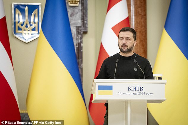 Ukraine's President Volodymyr Zelensky attends a joint press conference with Denmark's prime minister at the presidential palace in Kyiv, on November 19