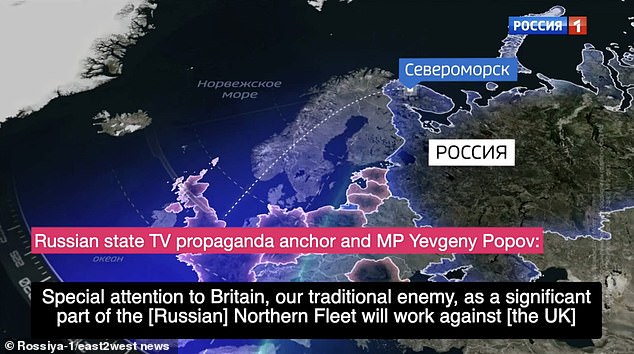 MP and TV presenter Yevgeny Popov warned: 'Special attention to Britain, our traditional enemy, as a significant part of the [Russian] Northern Fleet will work against [the UK]'