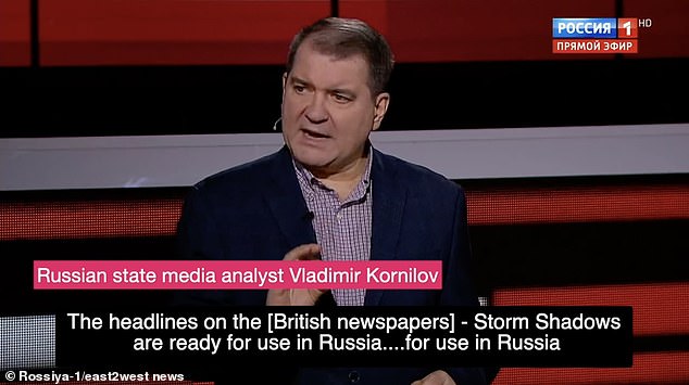 Russian state media analyst Vladimir Kornilov hit out at Britain newspaper headlines saying Storm Shadows 'are ready for use in Russia'