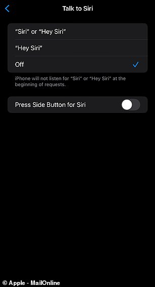 Next, select 'Talk to Siri' and set this option to 'Off'