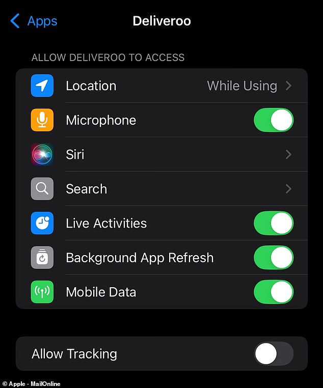 Experts warn you should check each app to see which permissions are enabled. Even a simple app like Deliveroo (pictured) may have microphone permission without you being aware