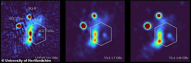 Radio observations of Stephan's Quintet at different frequencies. The red colours indicate strong radio emission coming from the leading edge of the collision's shock wave