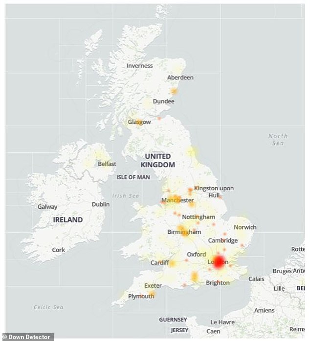 In the UK, the majority of outage reports were centered on London, Birmingham, and Manchester but this is believed to be a wider issue