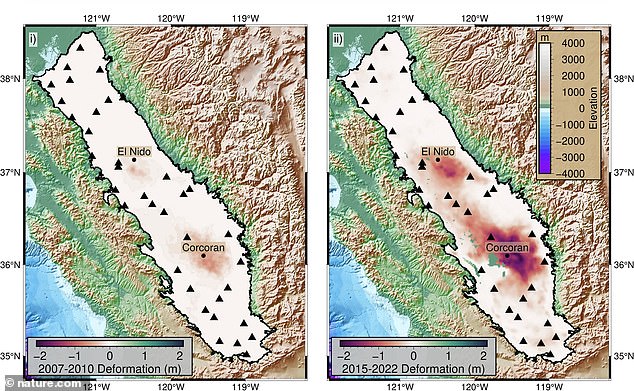 Maps show the period of subsidence in the San Joaquin Valley. The left image shows areas where it sunk from 2006 to 2010 and the right shows subsidence from 2015 through 2022