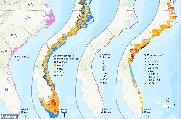 This map shows how much the shoreline will be impacted by coastal flooding, sinking land and rising sea levels