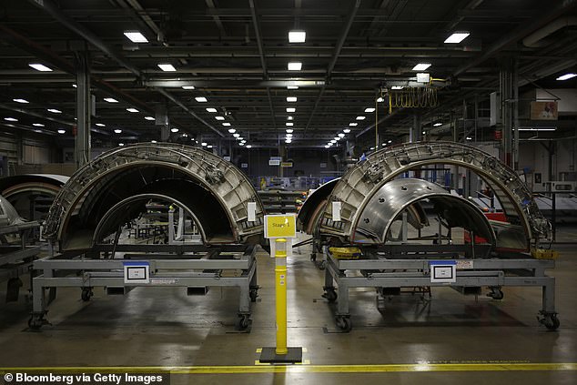 Above, Boeing C-17 Globemaster III engine components sit before maintenance operations at a Boeing support facility in San Antonio, Texas, on Thursday, January 20, 2016