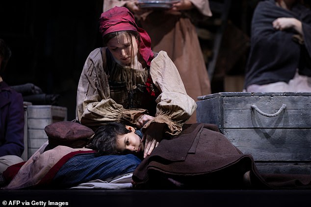 Actors perform the musical Les Miserables based on the work of Victor Hugo during a dress rehearsal at the Theatre du Chatelet on November 17, 2024