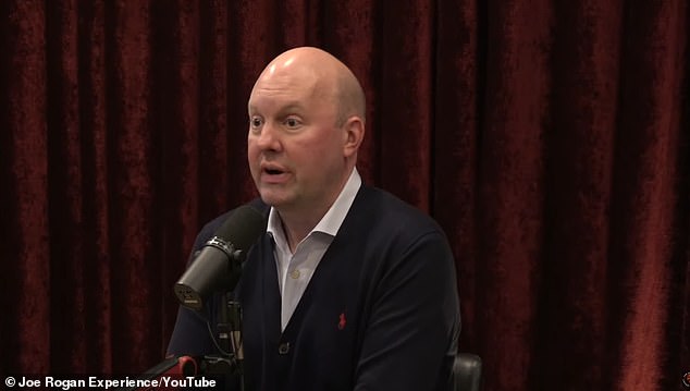 Billionaire venture capitalist Marc Andreessen (pictured) - a member of the White House's Homeland Security Advisory Council - told Rogan that 'it's going to be common to have like Mach 5 jet drones [...] you want to imagine, like, a thousand of these things coming over the horizon'