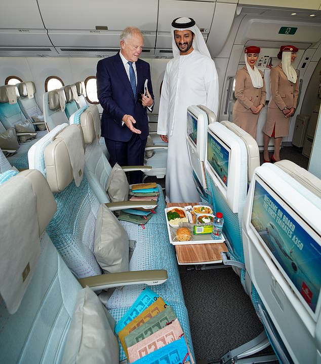 Sir Tim Clark, President of Emirates Airline, showcases the new Emirates A350 to His Excellency Abdulla Bin Touq Al Marri, UAE Minister of Economy