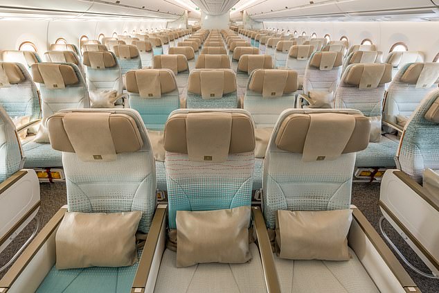 Emirates says of the A350 economy class: ¿[The] seat has a new fabric in an uplifting and elegant light blue, with luxurious bronze-coloured armrests creating a very sophisticated look'